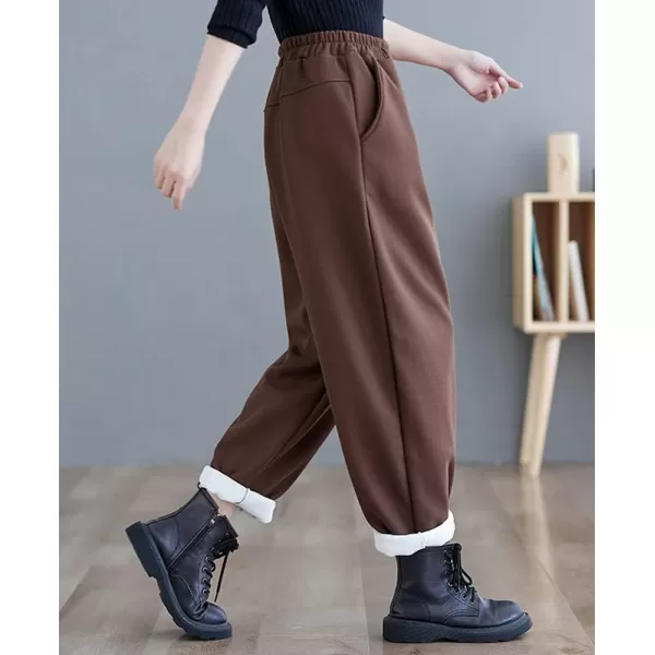 chouyatou Womens Winter Thick Fleece Lined Elastic Waist Waffle Knit Jogger Pants with PocketsCoffee