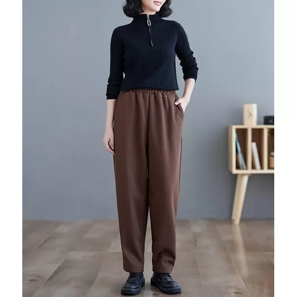chouyatou Womens Winter Thick Fleece Lined Elastic Waist Waffle Knit Jogger Pants with PocketsCoffee