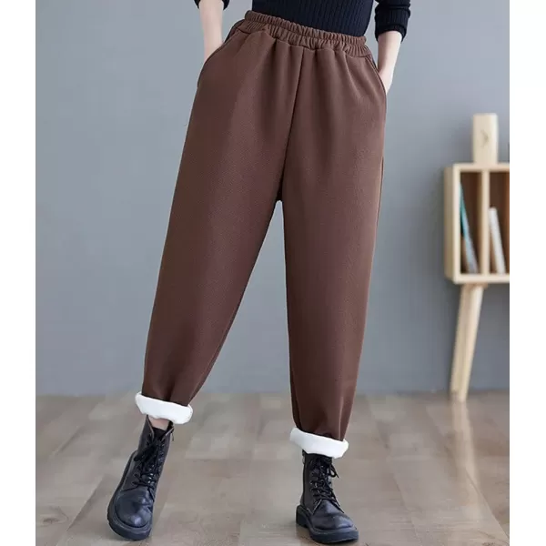 chouyatou Womens Winter Thick Fleece Lined Elastic Waist Waffle Knit Jogger Pants with PocketsCoffee