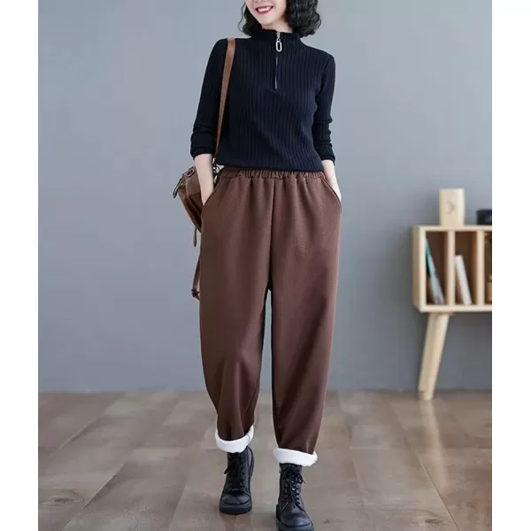 chouyatou Womens Winter Thick Fleece Lined Elastic Waist Waffle Knit Jogger Pants with PocketsCoffee