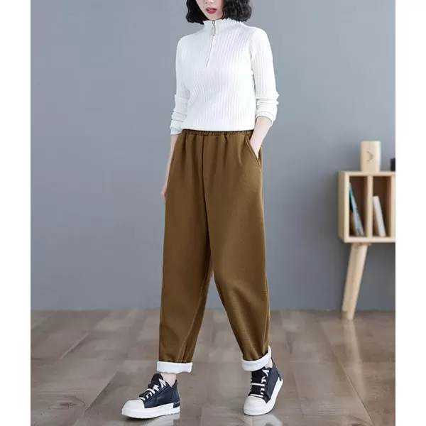 chouyatou Womens Winter Thick Fleece Lined Elastic Waist Waffle Knit Jogger Pants with PocketsTurmeric