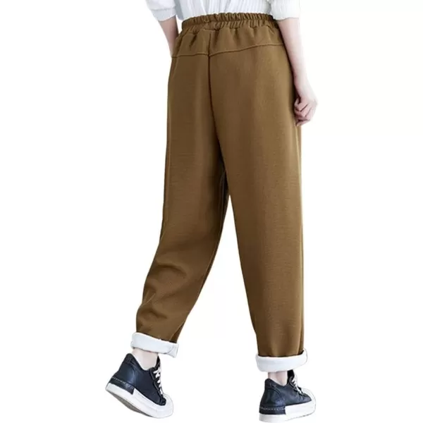 chouyatou Womens Winter Thick Fleece Lined Elastic Waist Waffle Knit Jogger Pants with PocketsTurmeric