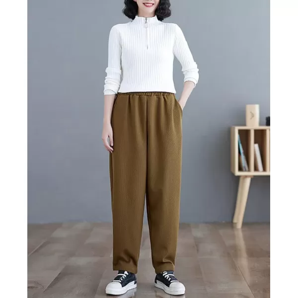 chouyatou Womens Winter Thick Fleece Lined Elastic Waist Waffle Knit Jogger Pants with PocketsTurmeric