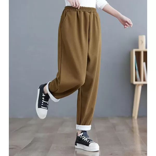chouyatou Womens Winter Thick Fleece Lined Elastic Waist Waffle Knit Jogger Pants with PocketsTurmeric