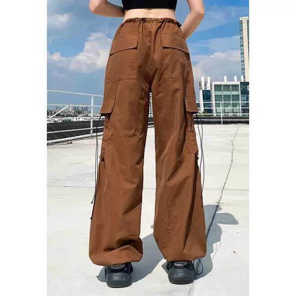 chouyatou Womens Y2K Cargo Pants MultiPocket Drawstring Closed Bottom Wide Leg Trousers SweatpantsBrown