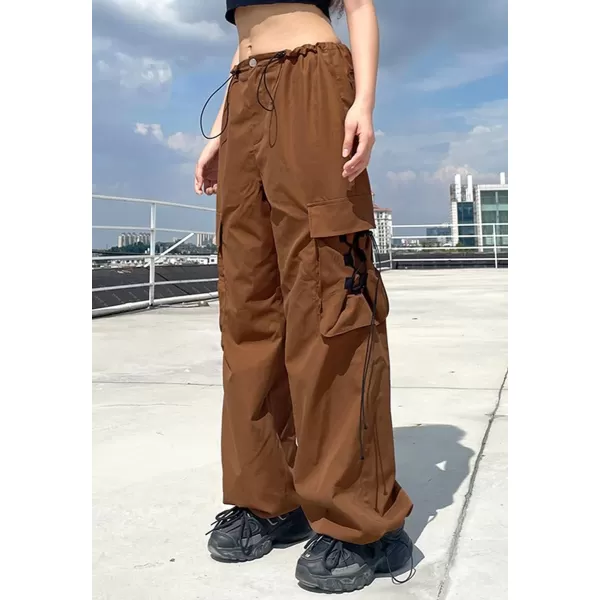 chouyatou Womens Y2K Cargo Pants MultiPocket Drawstring Closed Bottom Wide Leg Trousers SweatpantsBrown