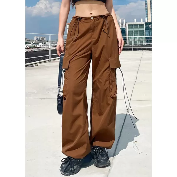 chouyatou Womens Y2K Cargo Pants MultiPocket Drawstring Closed Bottom Wide Leg Trousers SweatpantsBrown