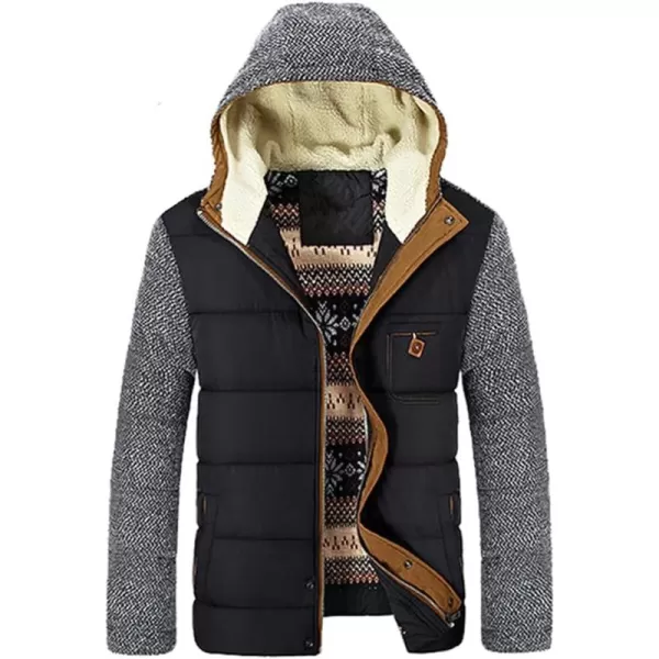 chouyatou Mens Thickened Hooded Zip Up Cotton Quilted Long Sleeve Winter Jacket Coat OuterwearBlack