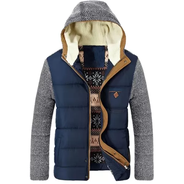 chouyatou Mens Thickened Hooded Zip Up Cotton Quilted Long Sleeve Winter Jacket Coat OuterwearBlue