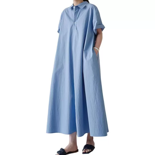 chouyatou Women Summer Short Sleeve Button Down Maxi Shirt Dress Tunic Shift Cotton Dress with PocketsBlue