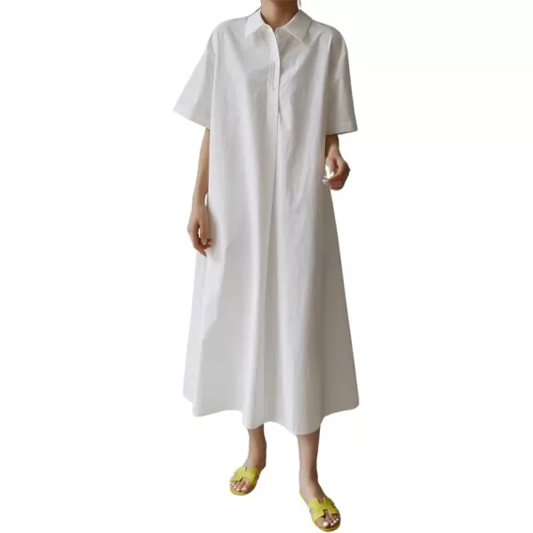 chouyatou Women Summer Short Sleeve Button Down Maxi Shirt Dress Tunic Shift Cotton Dress with PocketsWhite