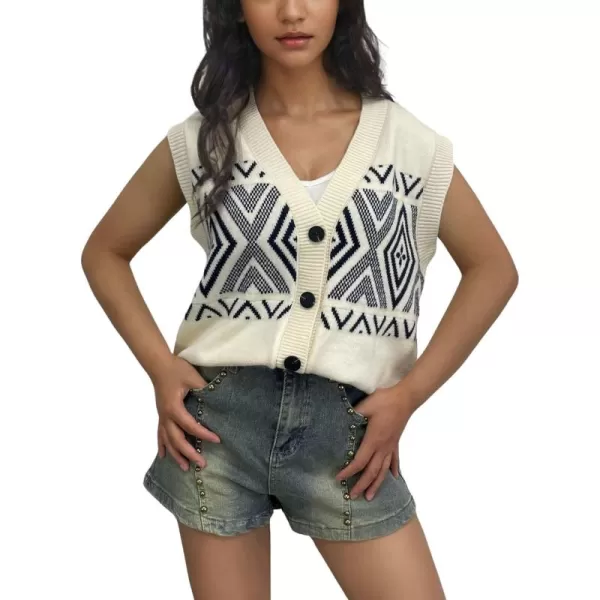chouyatou Womens 2024 Button Up Sweater Vest Argyle Plaid Color Block Sleeveless Vest TopsBeige
