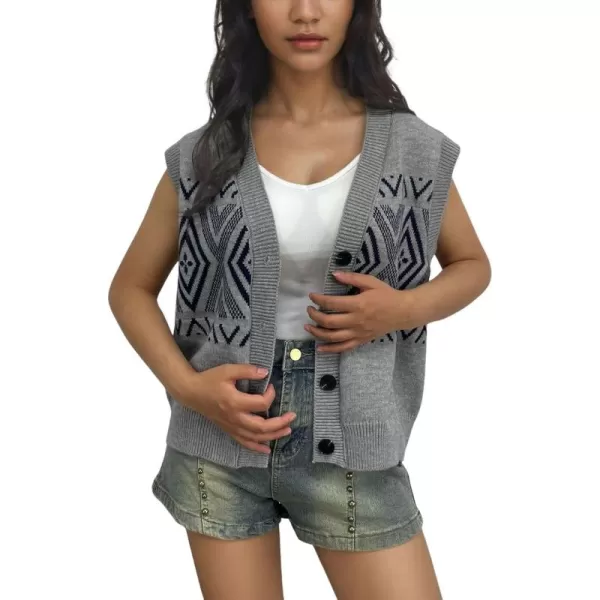chouyatou Womens 2024 Button Up Sweater Vest Argyle Plaid Color Block Sleeveless Vest TopsGray