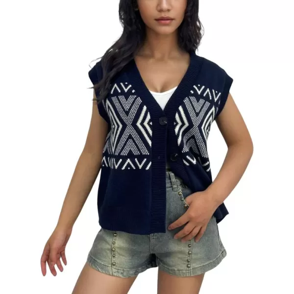 chouyatou Womens 2024 Button Up Sweater Vest Argyle Plaid Color Block Sleeveless Vest TopsNavy