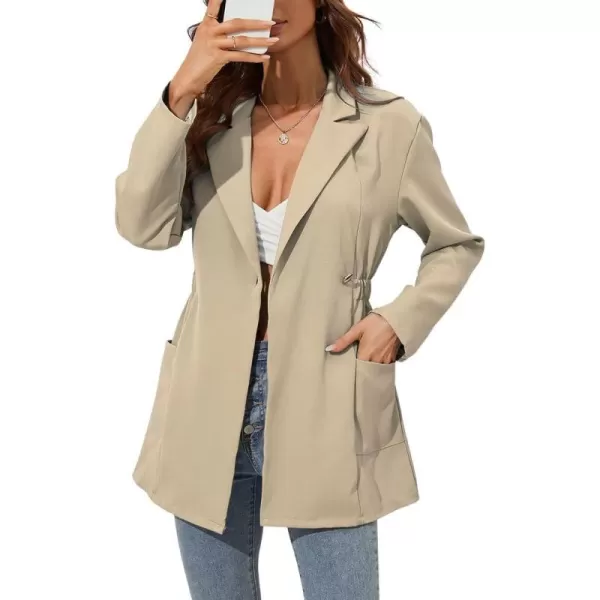 chouyatou Womens Business Casual Lapel Collar One Button Elastic Waist Peplum Blazer Jacket CoatKhaki