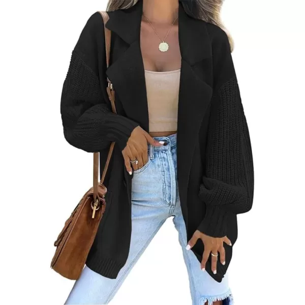 chouyatou Womens Business Casual Notched Lapel One Button Lantern Sleeve Knit Sweater Blazer Jacket with PocketsBlack