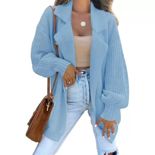 chouyatou Womens Business Casual Notched Lapel One Button Lantern Sleeve Knit Sweater Blazer Jacket with PocketsBlue