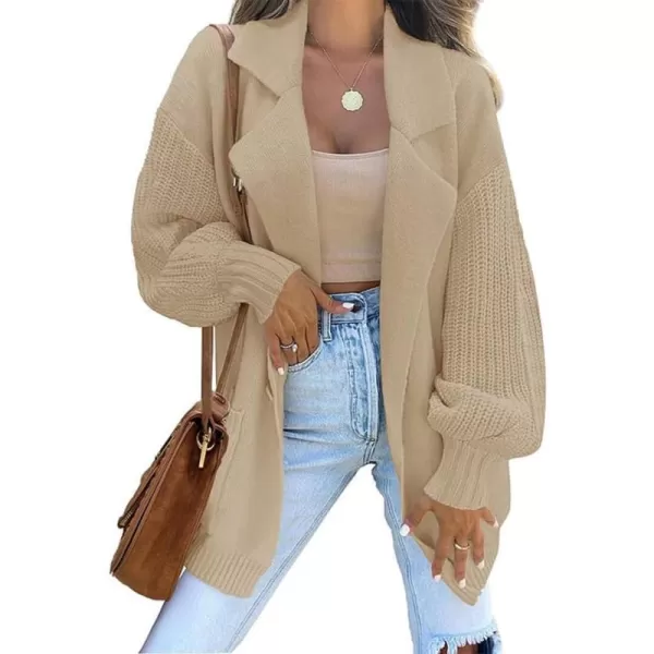chouyatou Womens Business Casual Notched Lapel One Button Lantern Sleeve Knit Sweater Blazer Jacket with PocketsKhaki