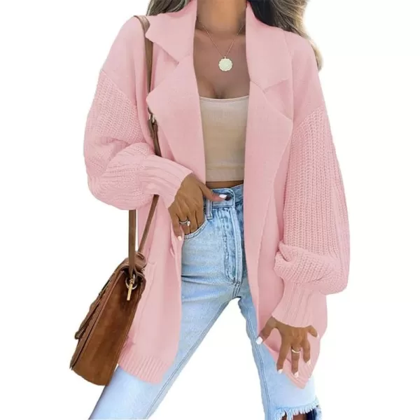 chouyatou Womens Business Casual Notched Lapel One Button Lantern Sleeve Knit Sweater Blazer Jacket with PocketsPink