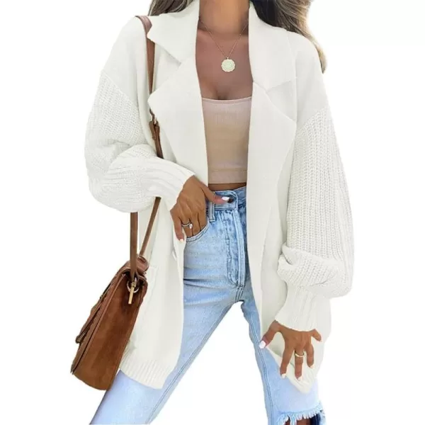 chouyatou Womens Business Casual Notched Lapel One Button Lantern Sleeve Knit Sweater Blazer Jacket with PocketsWhite