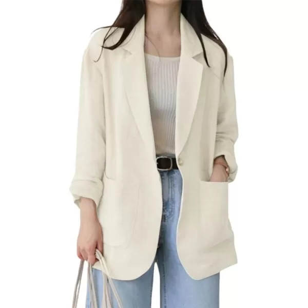 chouyatou Womens Cotton Linen One Button Office Blazer Long Sleeve Business Casual Jacket Outwear CoatBeige White