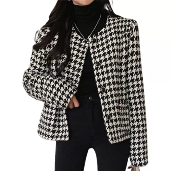 chouyatou Womens Elegant Business Casual Houndstooth Tweed Cropped Blazer Jacket Open Front Short SuitBlack