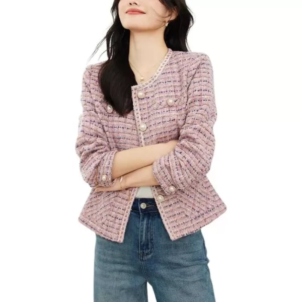 chouyatou Womens Fall Casual Button Down Tweed Jacket Collarless Office Work Cropped Blazer CoatPink