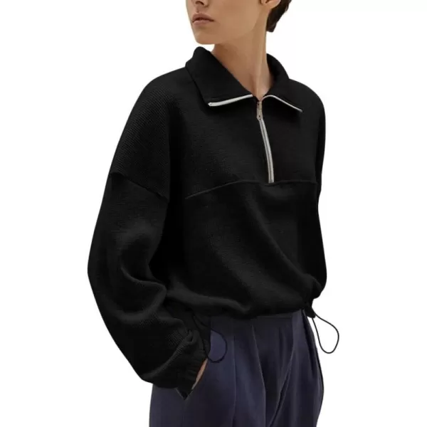 chouyatou Womens Fall Half Zip Oversized Sweatshirt Boyfriend Y2K Waffle Knit Pullover Sweatshirt TopsBlack