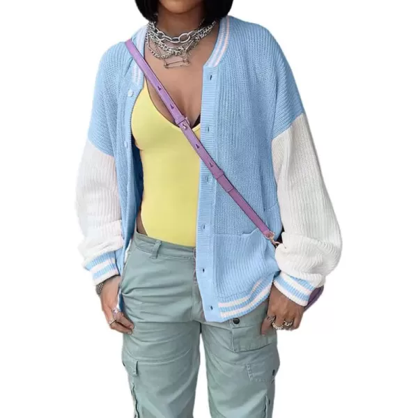 chouyatou Womens Fall Loose Button Down Knit Cardigan Sweater Boyfriend Y2K Bomber Varsity JacketBlue