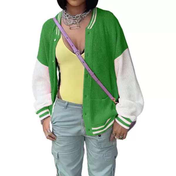 chouyatou Womens Fall Loose Button Down Knit Cardigan Sweater Boyfriend Y2K Bomber Varsity JacketGreen