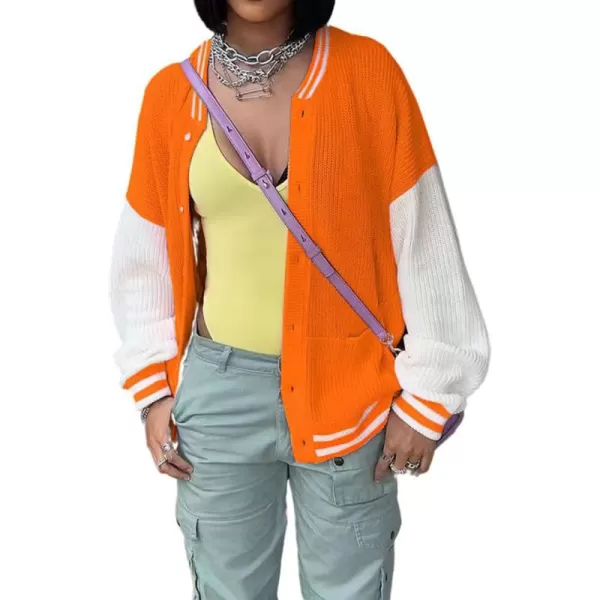 chouyatou Womens Fall Loose Button Down Knit Cardigan Sweater Boyfriend Y2K Bomber Varsity JacketOrange