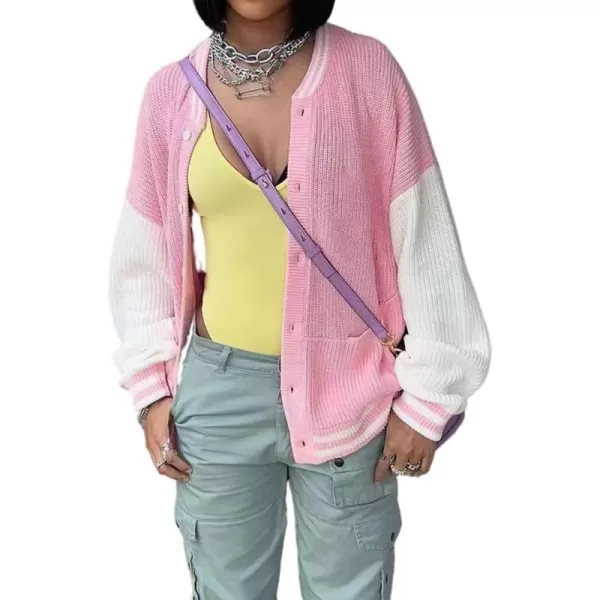 chouyatou Womens Fall Loose Button Down Knit Cardigan Sweater Boyfriend Y2K Bomber Varsity JacketPink