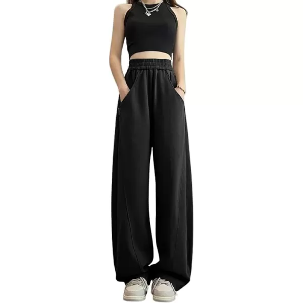 chouyatou Womens High Waisted Wide Leg Sweatpants Y2K Streetwear Open Bottom Baggy Sweat PantsBlack