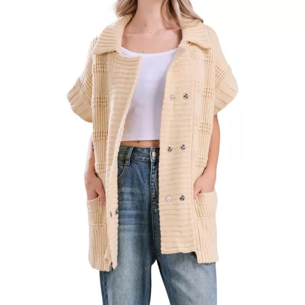 chouyatou Womens Lapel Collared Sweater Vest 2024 Cap Sleeve Slouchy Oversized Knit Coatigan TopsApricot