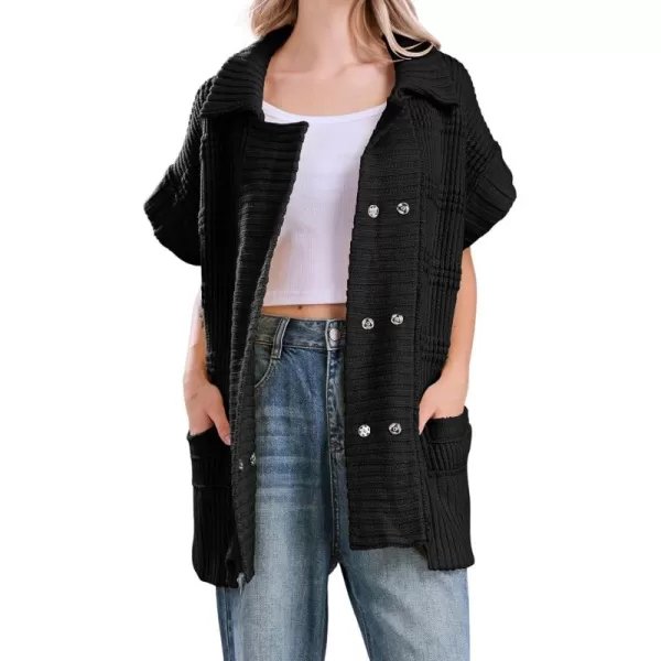 chouyatou Womens Lapel Collared Sweater Vest 2024 Cap Sleeve Slouchy Oversized Knit Coatigan TopsBlack