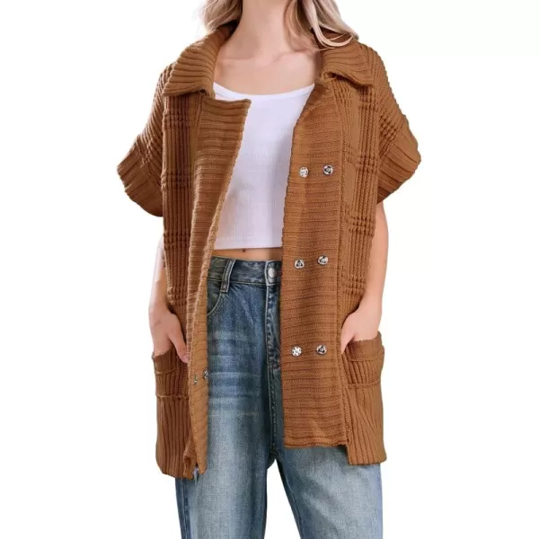 chouyatou Womens Lapel Collared Sweater Vest 2024 Cap Sleeve Slouchy Oversized Knit Coatigan TopsBrown