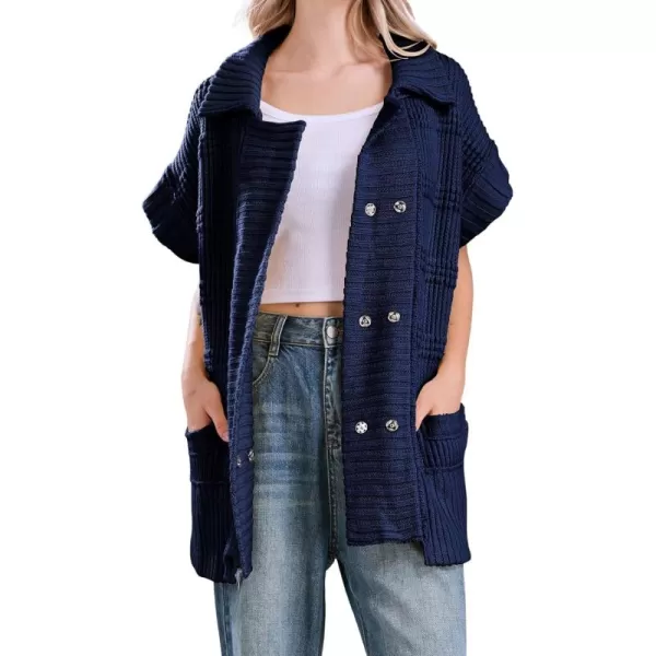chouyatou Womens Lapel Collared Sweater Vest 2024 Cap Sleeve Slouchy Oversized Knit Coatigan TopsNavy