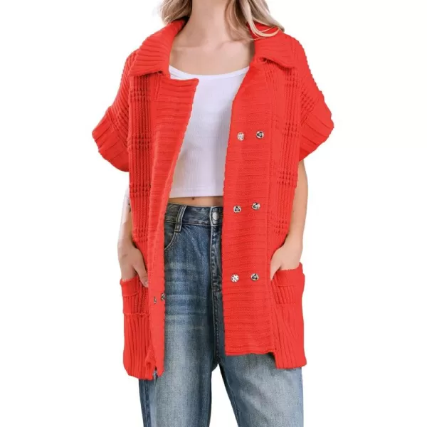 chouyatou Womens Lapel Collared Sweater Vest 2024 Cap Sleeve Slouchy Oversized Knit Coatigan TopsRed