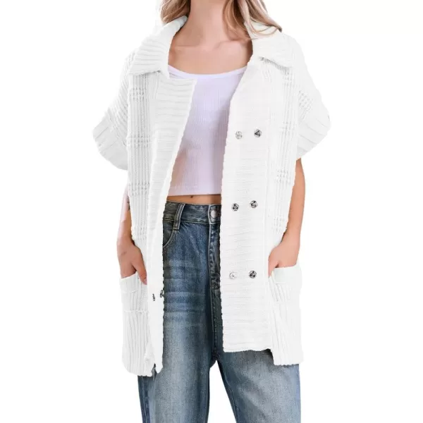 chouyatou Womens Lapel Collared Sweater Vest 2024 Cap Sleeve Slouchy Oversized Knit Coatigan TopsWhite