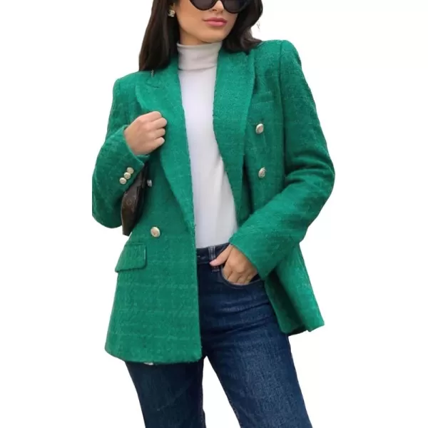chouyatou Womens Tweed Blazer Jacket Business Casual Double Breasted Dressy Blazer Office Work SuitGreen
