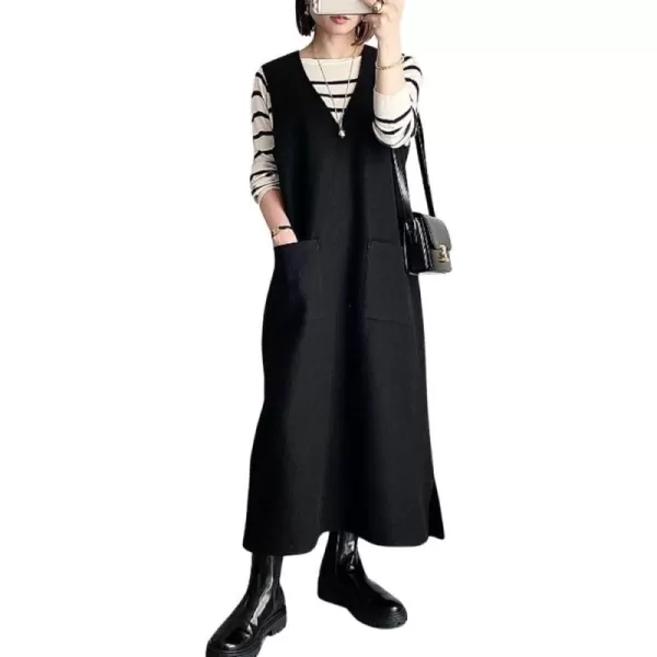 chouyatou Womens V Neck Wool Blend Long Vest Jacket Sleeveless Maxi Wool Vest Dress with PocketsBlack
