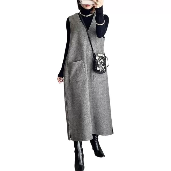 chouyatou Womens V Neck Wool Blend Long Vest Jacket Sleeveless Maxi Wool Vest Dress with PocketsGray