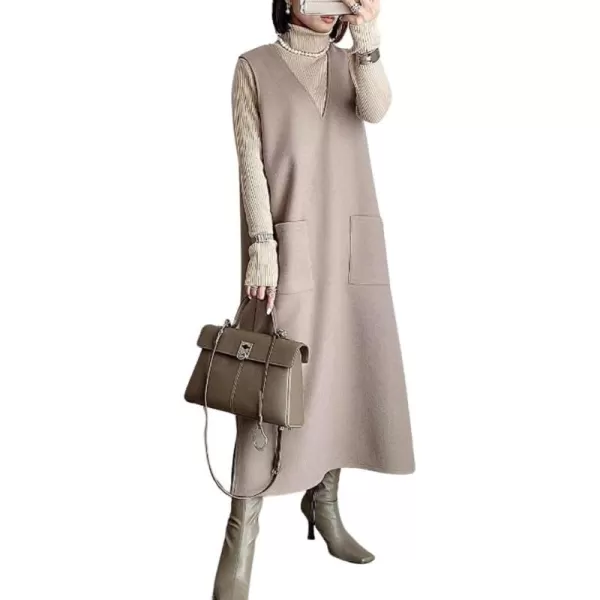 chouyatou Womens V Neck Wool Blend Long Vest Jacket Sleeveless Maxi Wool Vest Dress with PocketsKhaki