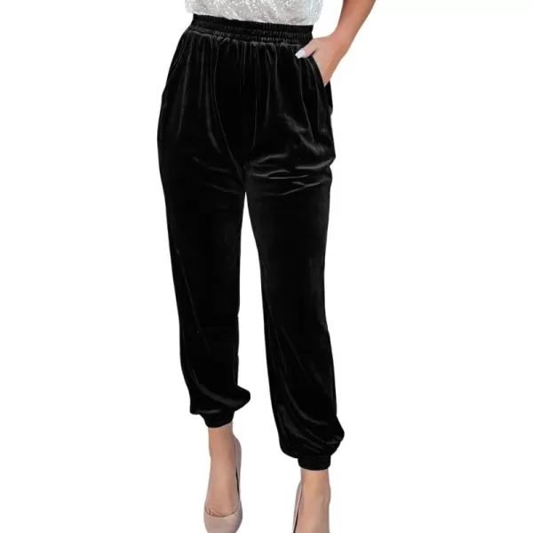 chouyatou Womens Velvet Elastic Waist Closed Bottom Jogger Harem Pants with PocketsBlack