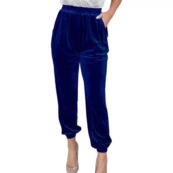 chouyatou Womens Velvet Elastic Waist Closed Bottom Jogger Harem Pants with PocketsBlue