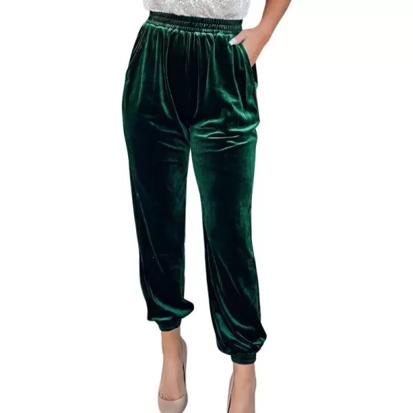 chouyatou Womens Velvet Elastic Waist Closed Bottom Jogger Harem Pants with PocketsGreen