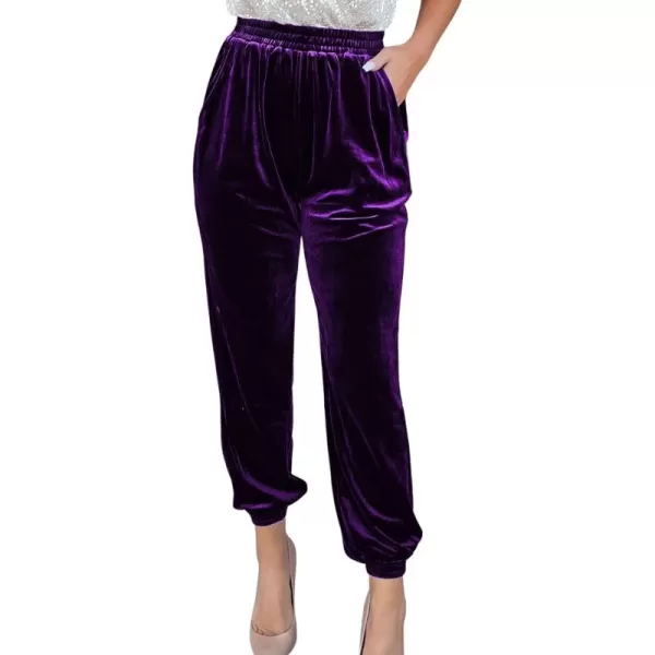 chouyatou Womens Velvet Elastic Waist Closed Bottom Jogger Harem Pants with PocketsPurple