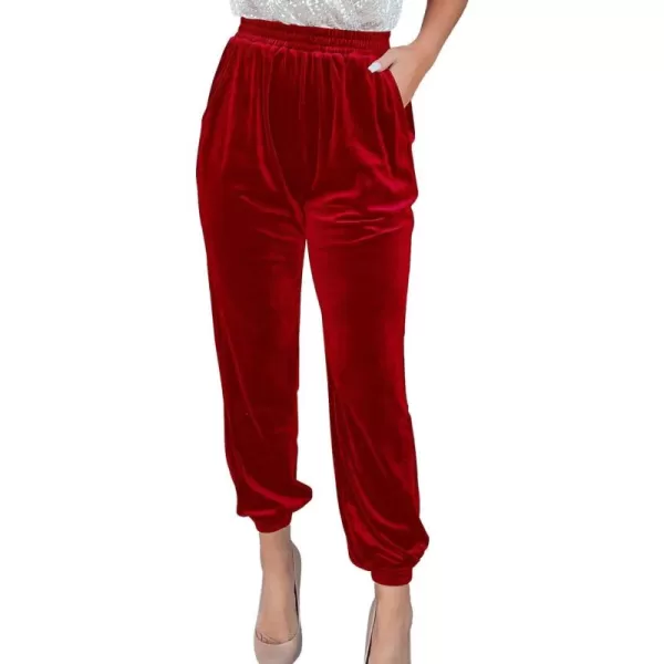 chouyatou Womens Velvet Elastic Waist Closed Bottom Jogger Harem Pants with PocketsRed