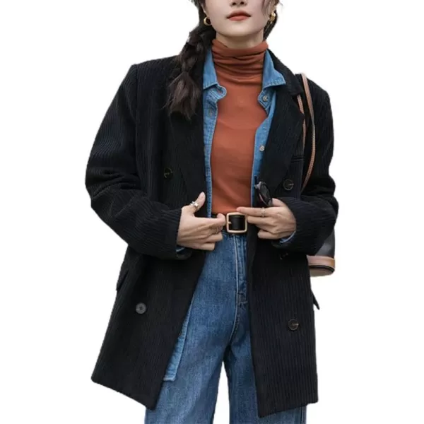 chouyatou Womens Vintage Notched Collar Double Breasted Corduroy Suit Coat BlazerBlack