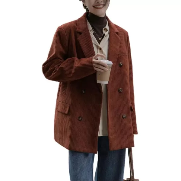 chouyatou Womens Vintage Notched Collar Double Breasted Corduroy Suit Coat BlazerDirty Orange